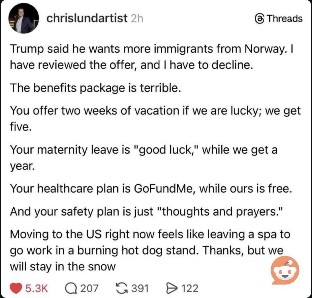 A text post discussing the perceived poor benefits of moving to the U.S. compared to other countries. It critiques vacation time, maternity leave, healthcare, and safety plans, using satirical comparisons. The author declines an immigration offer and mentions staying in Norway.